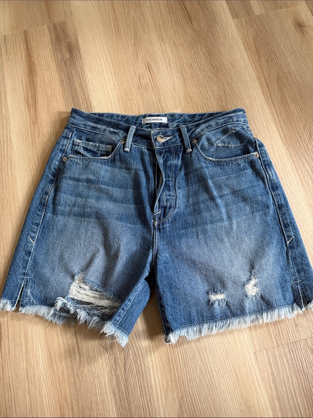 Good American Blue Distressed Denim Shorts